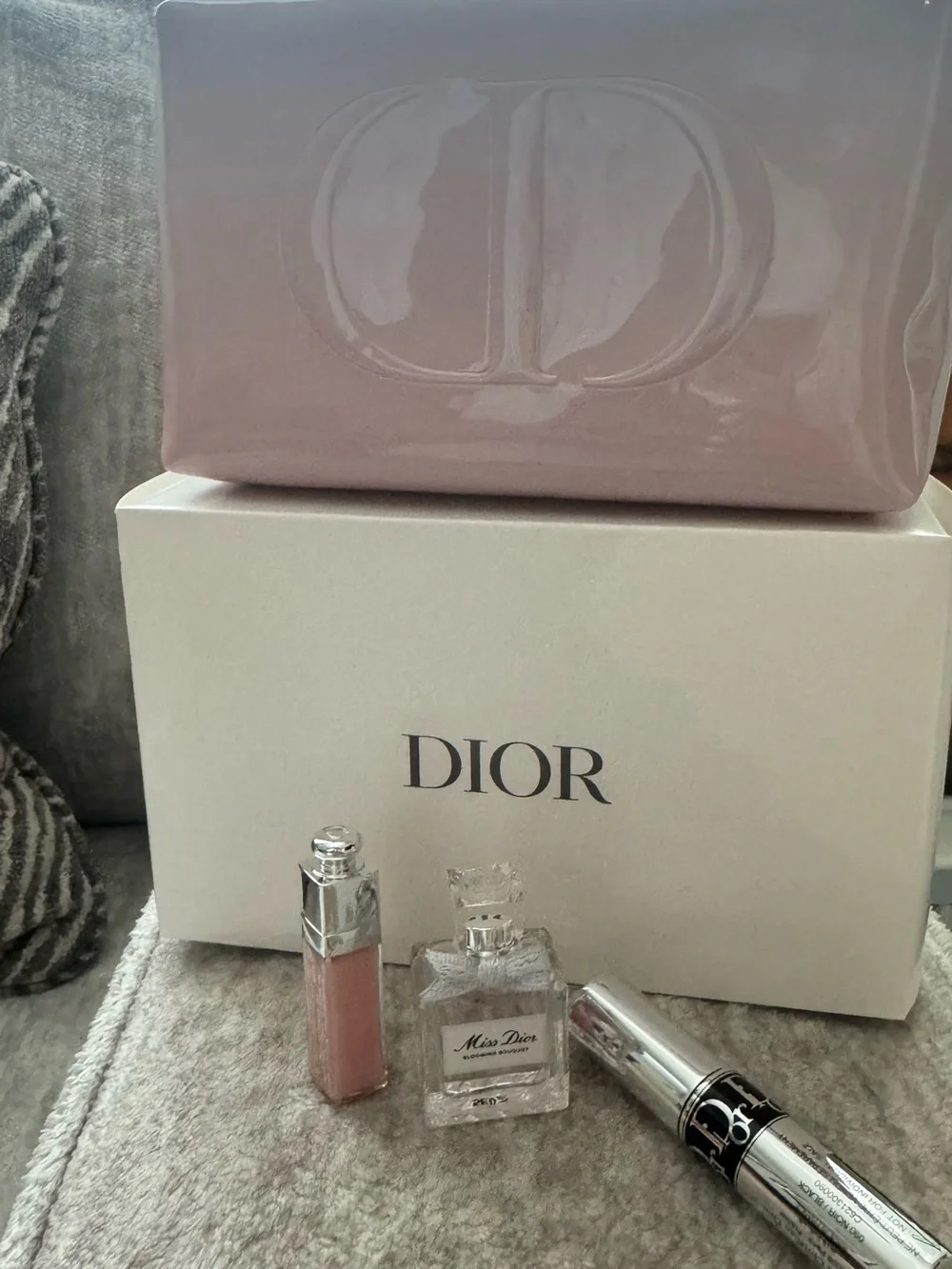 Dior Mini Makeup Set with Pink Gloss, Silver Mascara, and Miss Dior Mini